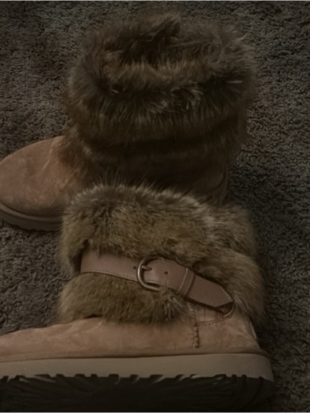 UGG Brown Faux Fur Ankle Winter Boots with Buckle